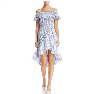 Misa Los Angeles Off-Shoulder Blue and White Striped Midi Dress